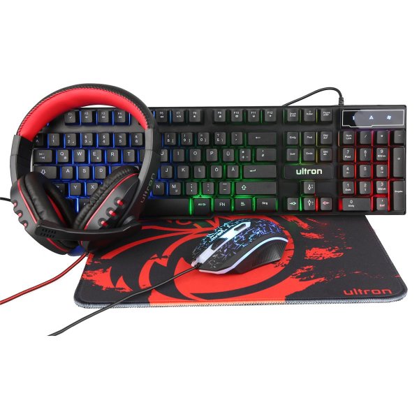 Ultron HAWK Gaming Set, Full-size (100%), QWERTZ, LED, Schwarz, Rot, Weiß, Maus enthalten